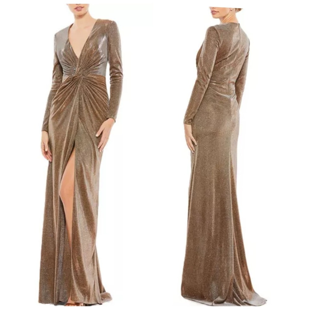 Ieena Mac Duggal 261941 Bronze Metallic Long Sleeve Slit Gown 4 NWT shimmer gala